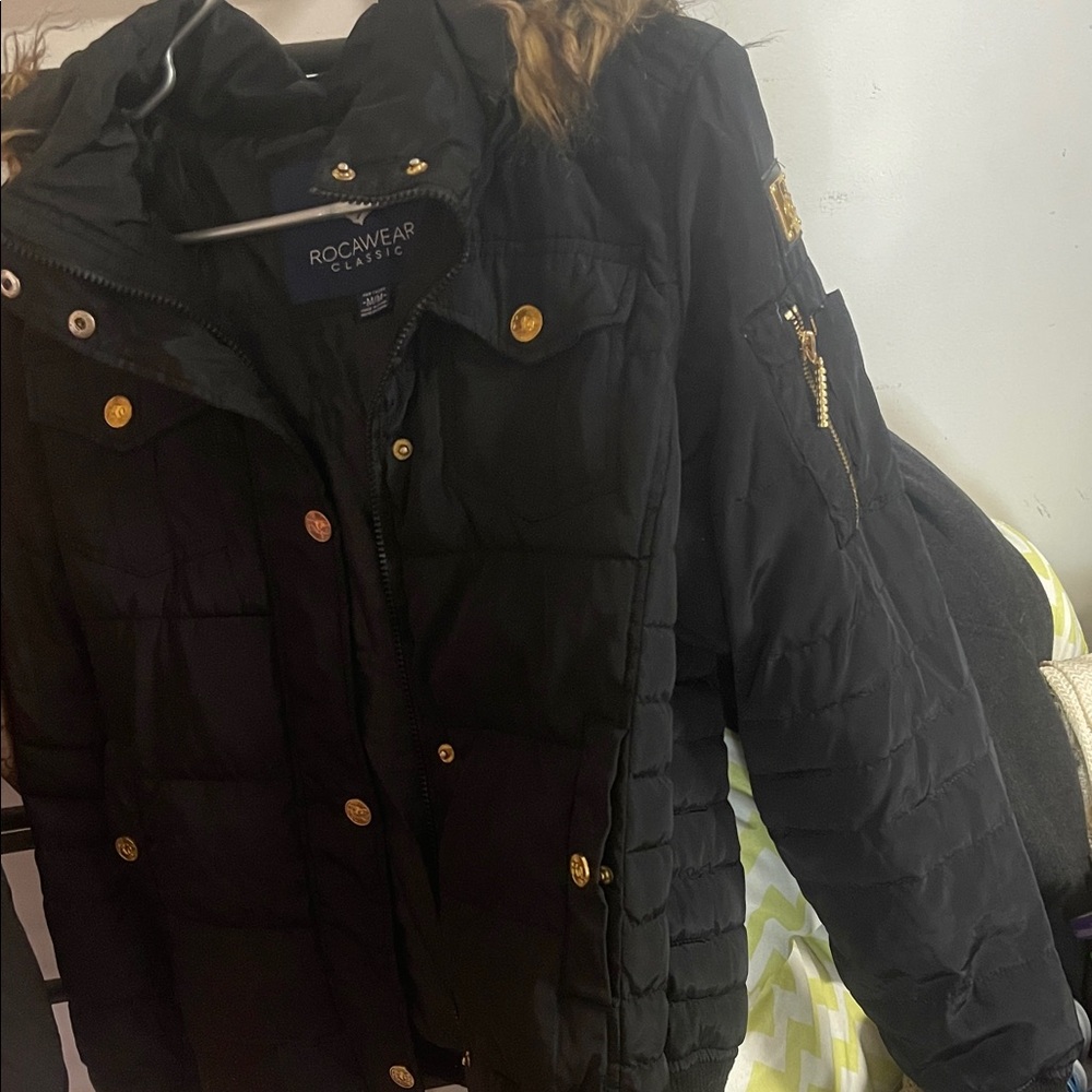 Rocawear Women's Black Puffer Coat with Gold Details